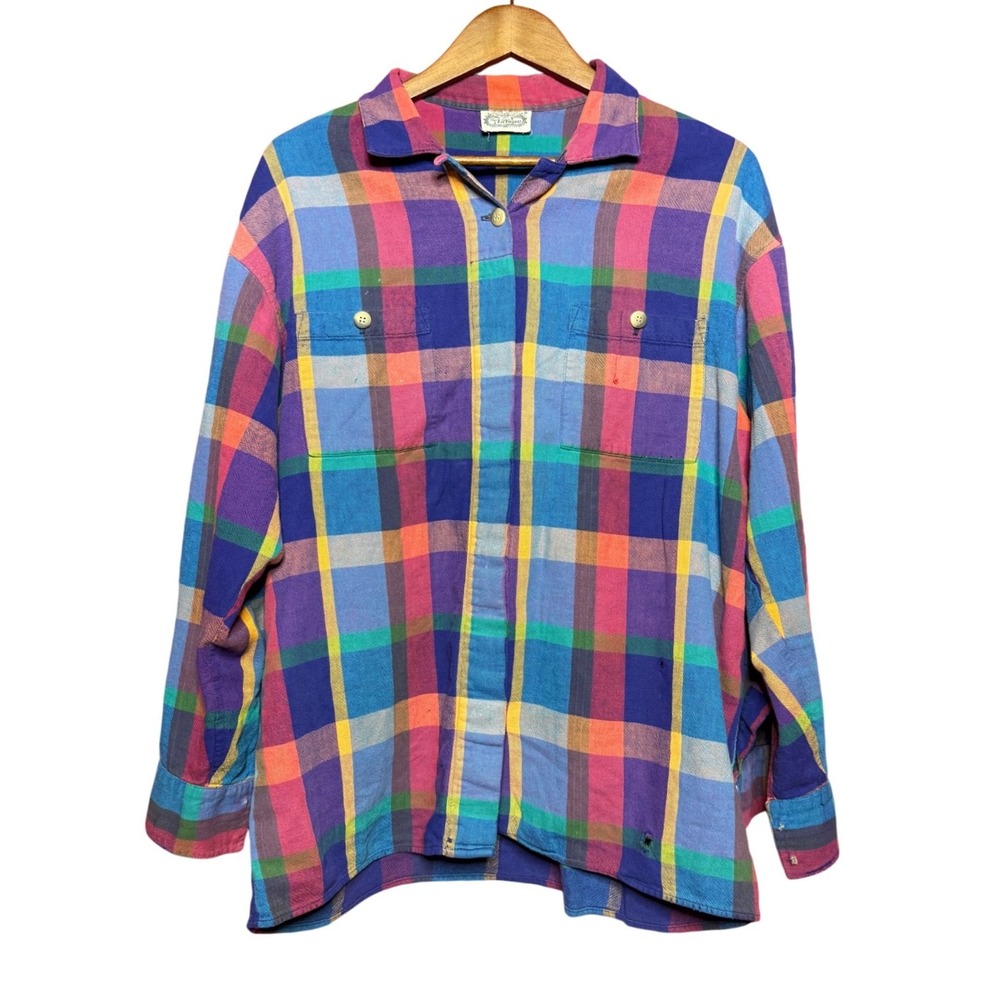 Vintage The Villager Women NA Colorful Flannel Long Sleeve Button Up Blue Shirt‎